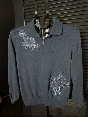 Alfred Dunner Navy Embellished Paisley Quarter Zip S